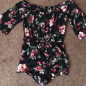 Black and Floral Off the Shoulder Romper